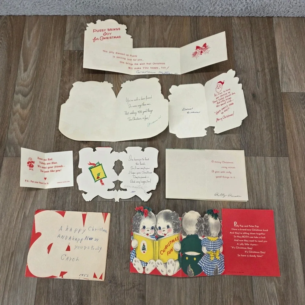 Vintage 1950s Christmas Card Lot Die Cut Kittens Puppies Teddy Bear MCM Norcross